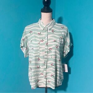 NWT LuLaRoe S Amy Green Striped Cherry Print Short Sleeve Button Down Shirt